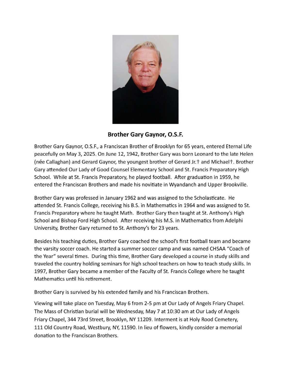 Obituary and Funeral Mass of Brother Gary Gaynor, OSF